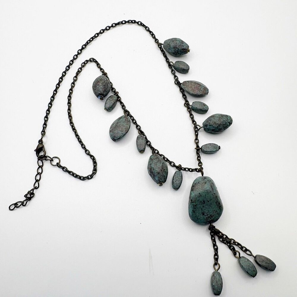 Waterfall Tassel Necklace Green Faux Stone Black Tone Chain Fashion Jewelry 18”